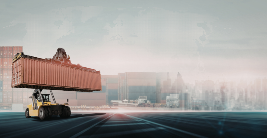 3 Forklift lifting shipping container outdoors