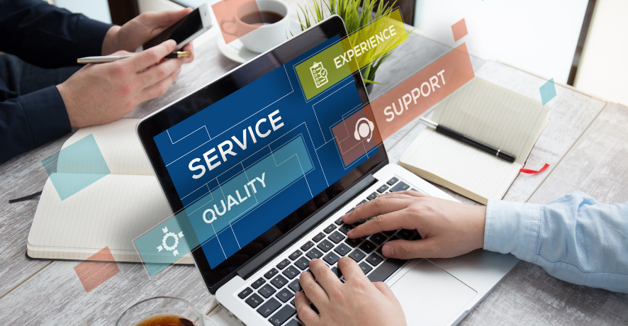4 Hands on laptop with service keywords working for courier and local services in Clearwater