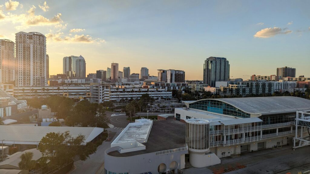 pexels-photo-29330882-29330882 A stunning view of Tampa skyline at sunset, highlighting modern architecture and urban landscape.